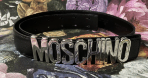 Moschino LOGO Leather Belt In Silver Size 48